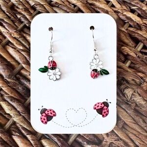 New Handmade Asymmetrical Silver-Tone Ladybug and Daisy Dangle Earrings